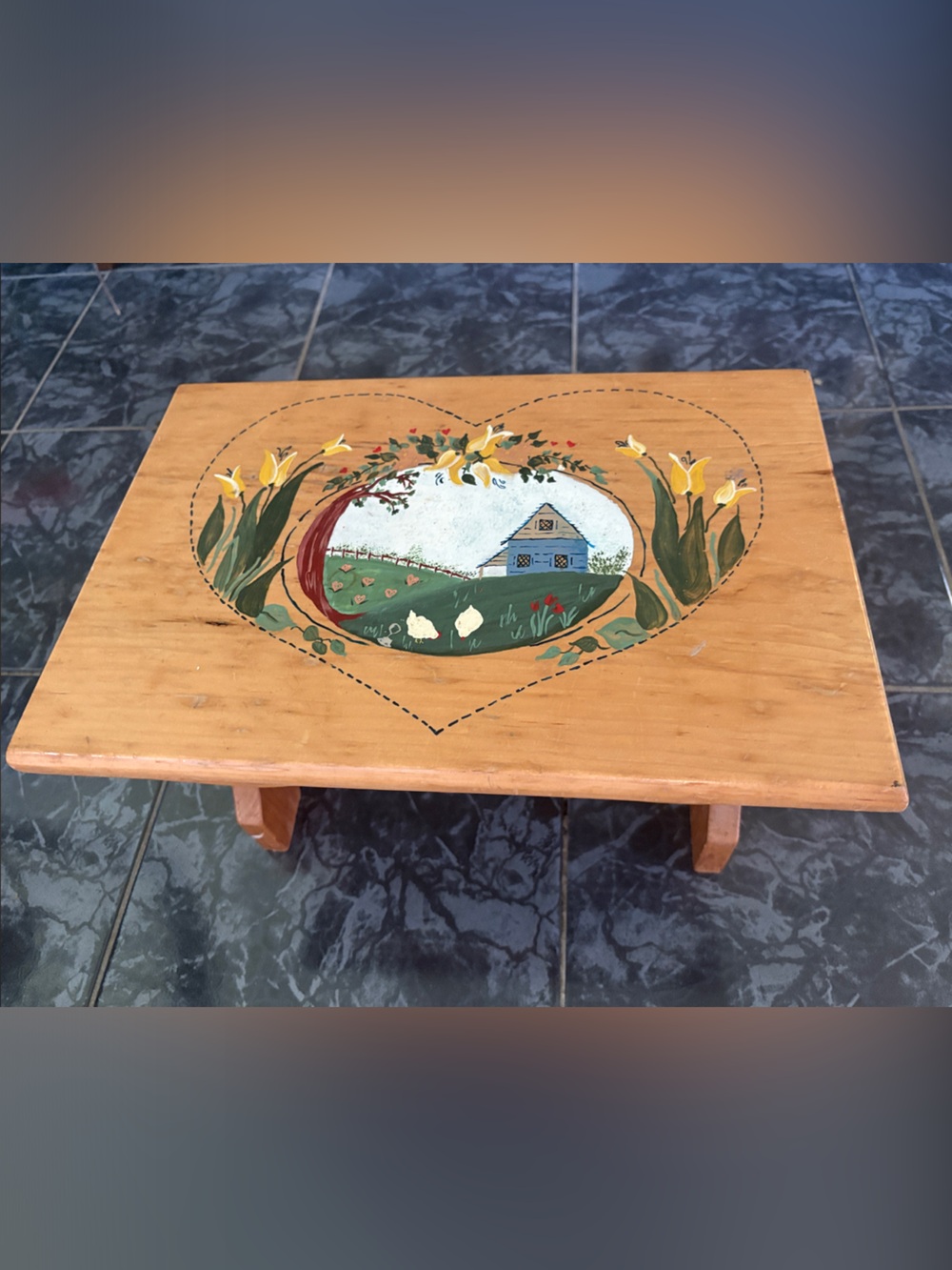 Hand-Painted Heart Folk Art Stool —